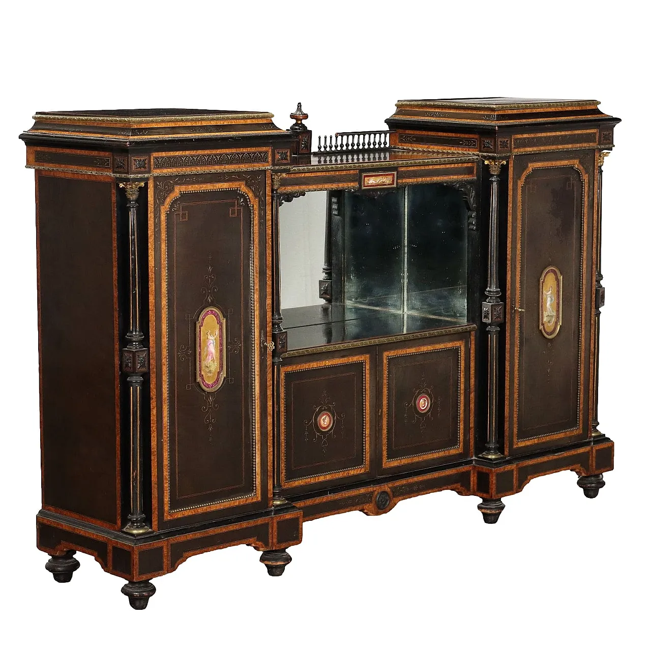 Credenza inglese in legno impiallacciato e intarsiato con specchio, inizio '900 1