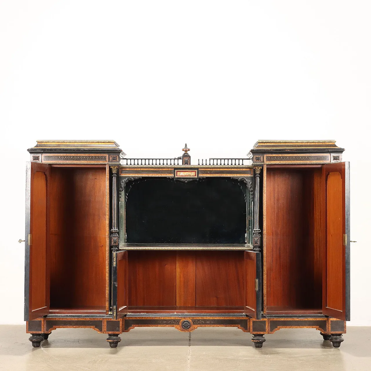 Credenza inglese in legno impiallacciato e intarsiato con specchio, inizio '900 3