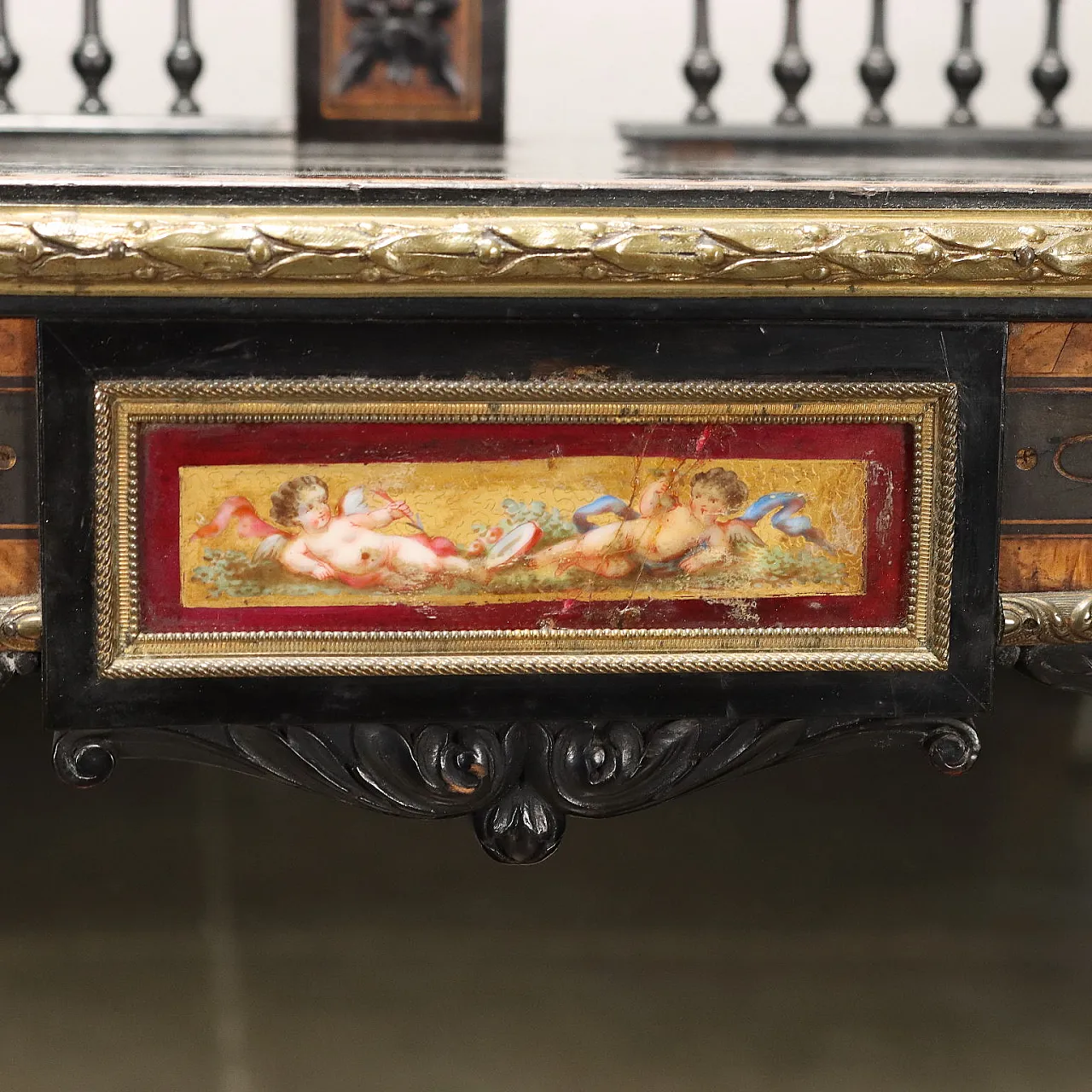 Credenza inglese in legno impiallacciato e intarsiato con specchio, inizio '900 7