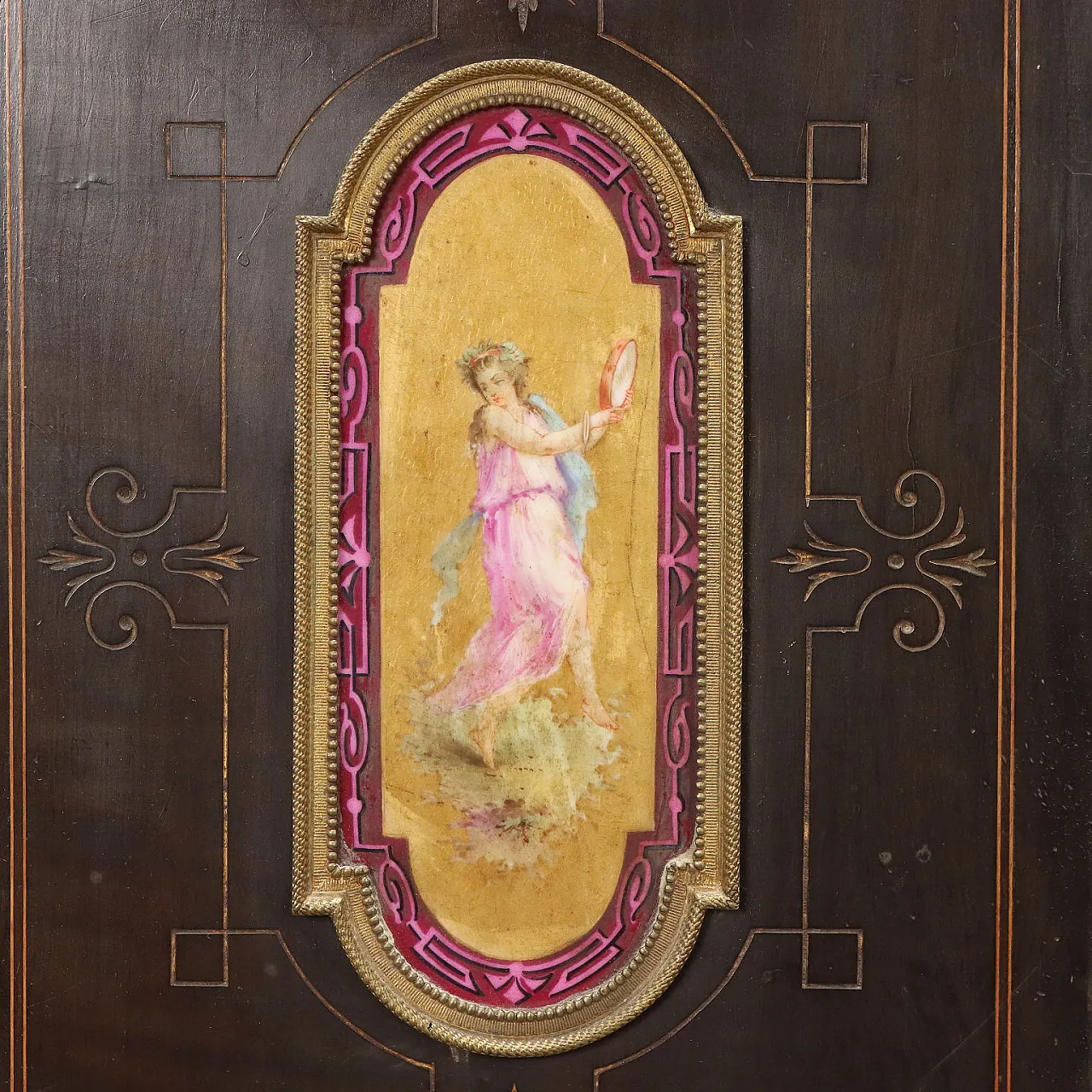 Credenza inglese in legno impiallacciato e intarsiato con specchio, inizio '900 8