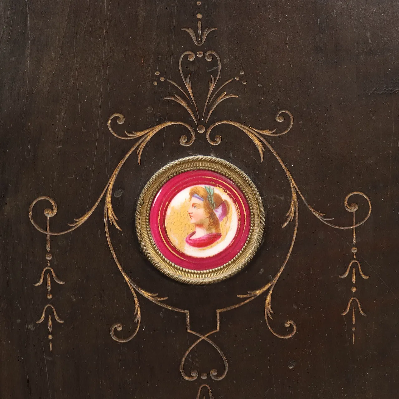 Credenza inglese in legno impiallacciato e intarsiato con specchio, inizio '900 10