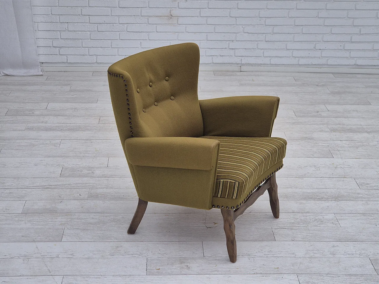 Danish lounge chair, green wool, oak wood, 70s 2