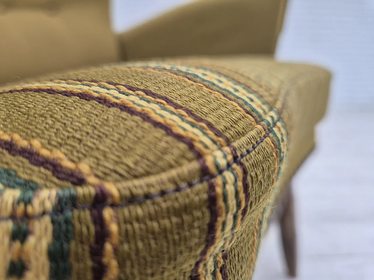 Danish lounge chair, green wool, oak wood, 70s 3