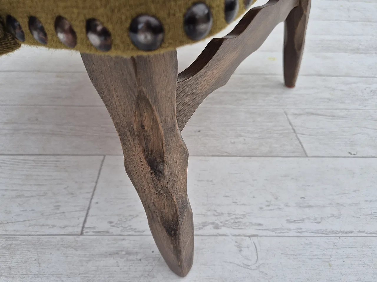 Danish lounge chair, green wool, oak wood, 70s 4