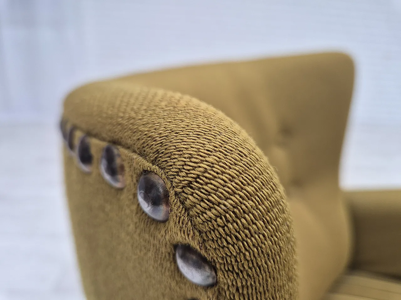 Danish lounge chair, green wool, oak wood, 70s 5