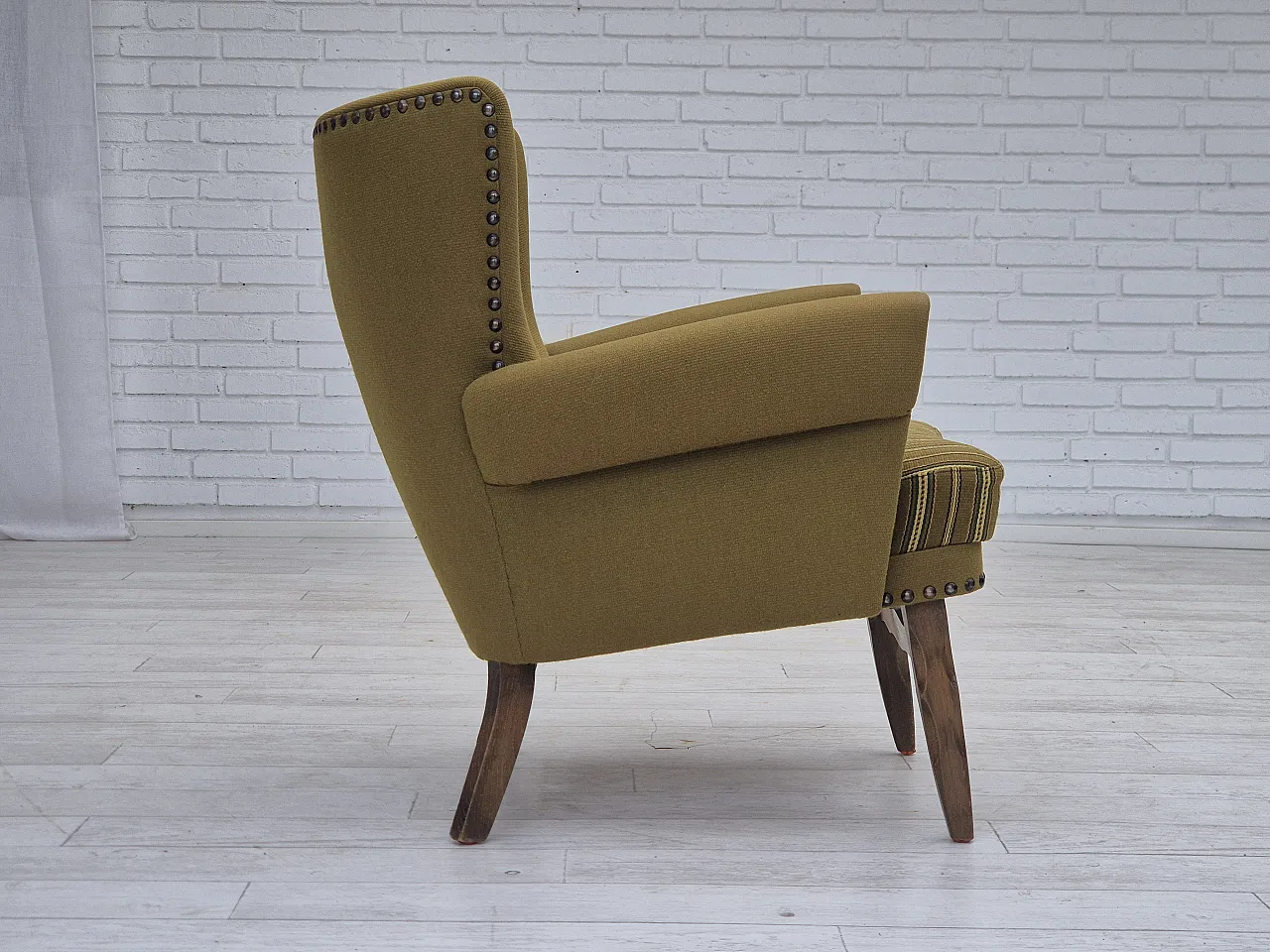 Danish lounge chair, green wool, oak wood, 70s 11