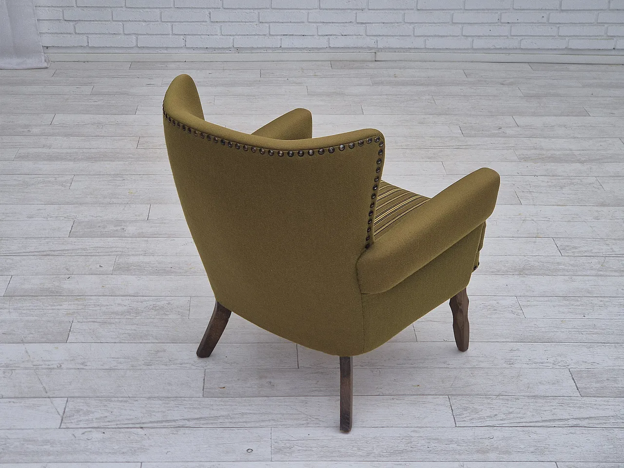 Danish lounge chair, green wool, oak wood, 70s 13