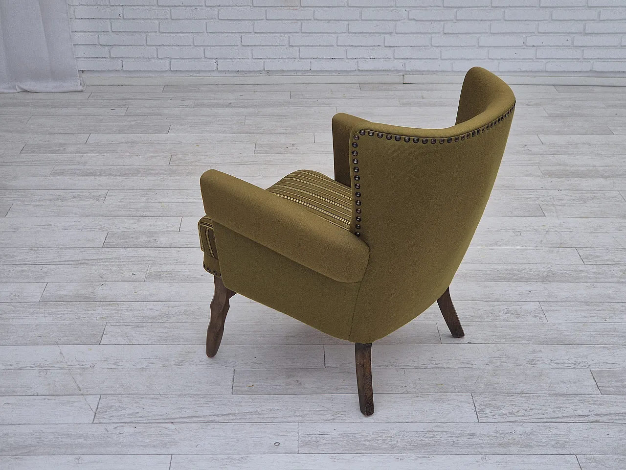 Danish lounge chair, green wool, oak wood, 70s 16