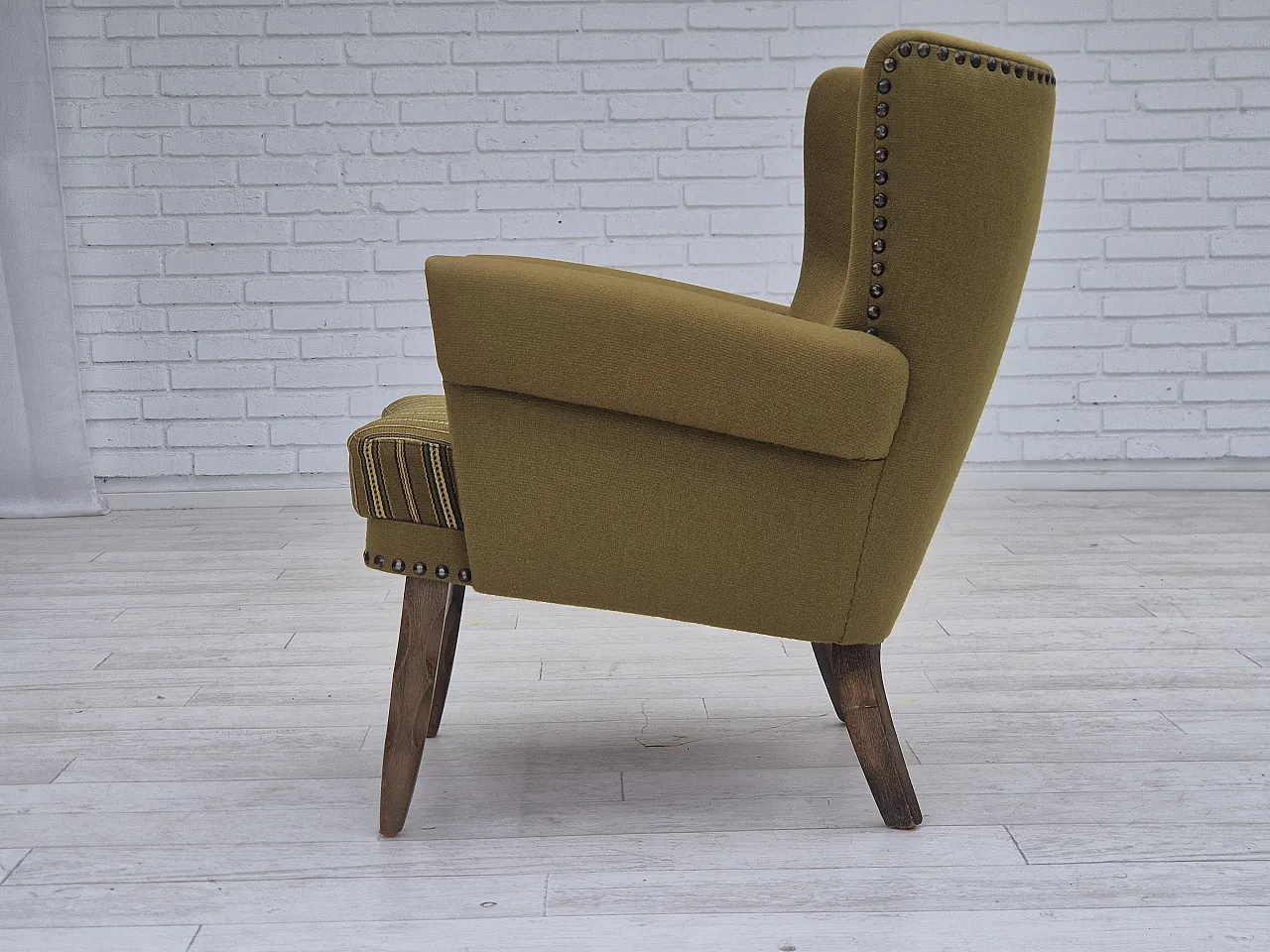 Danish lounge chair, green wool, oak wood, 70s 17