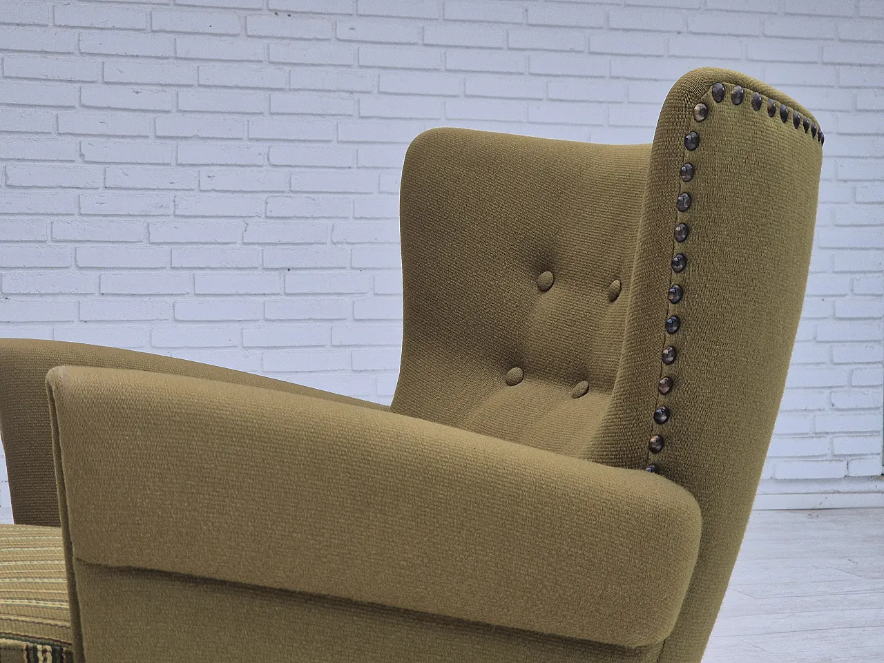 Danish lounge chair, green wool, oak wood, 70s 19