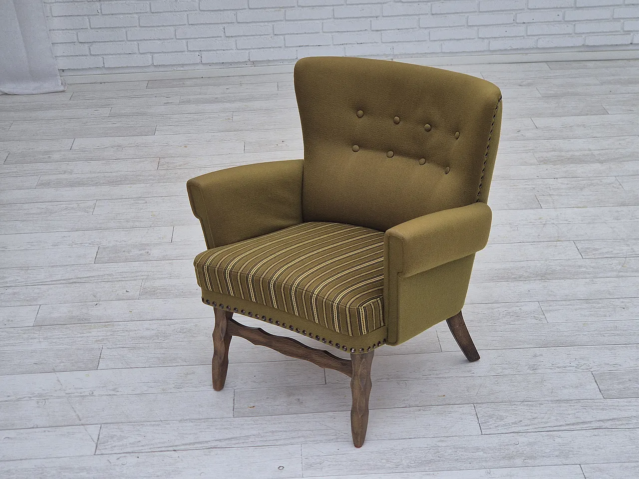 Danish lounge chair, green wool, oak wood, 70s 20