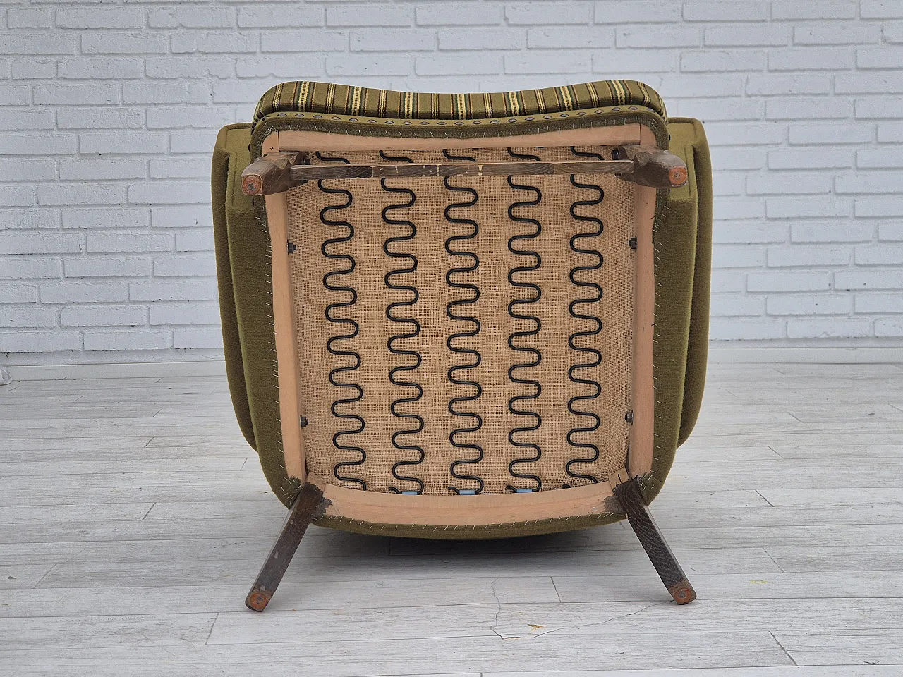 Danish lounge chair, green wool, oak wood, 70s 21