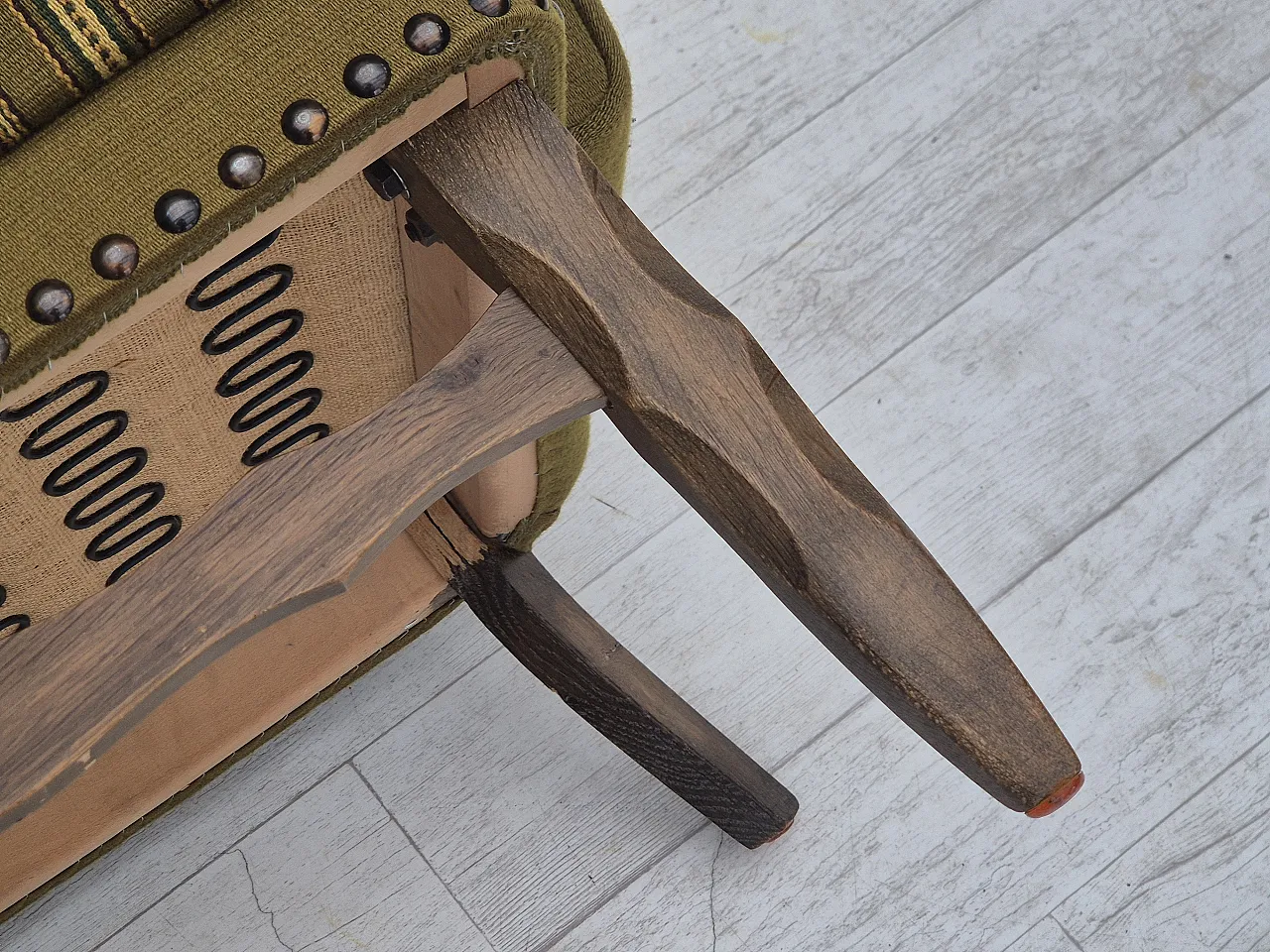 Danish lounge chair, green wool, oak wood, 70s 22