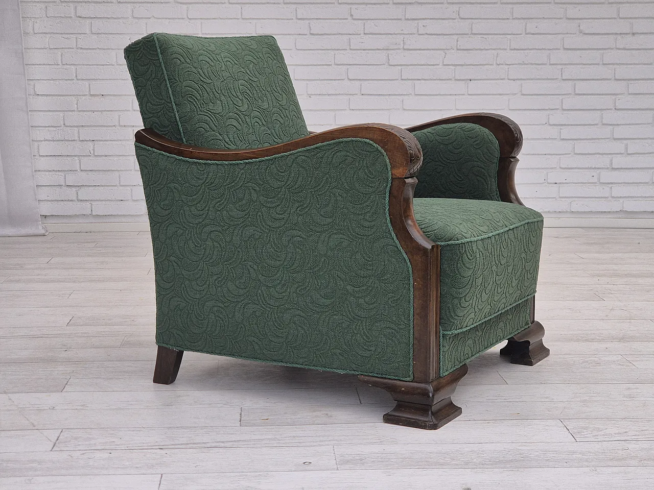 Danish relax chair, green blend wool fabric, beech, 50s 1