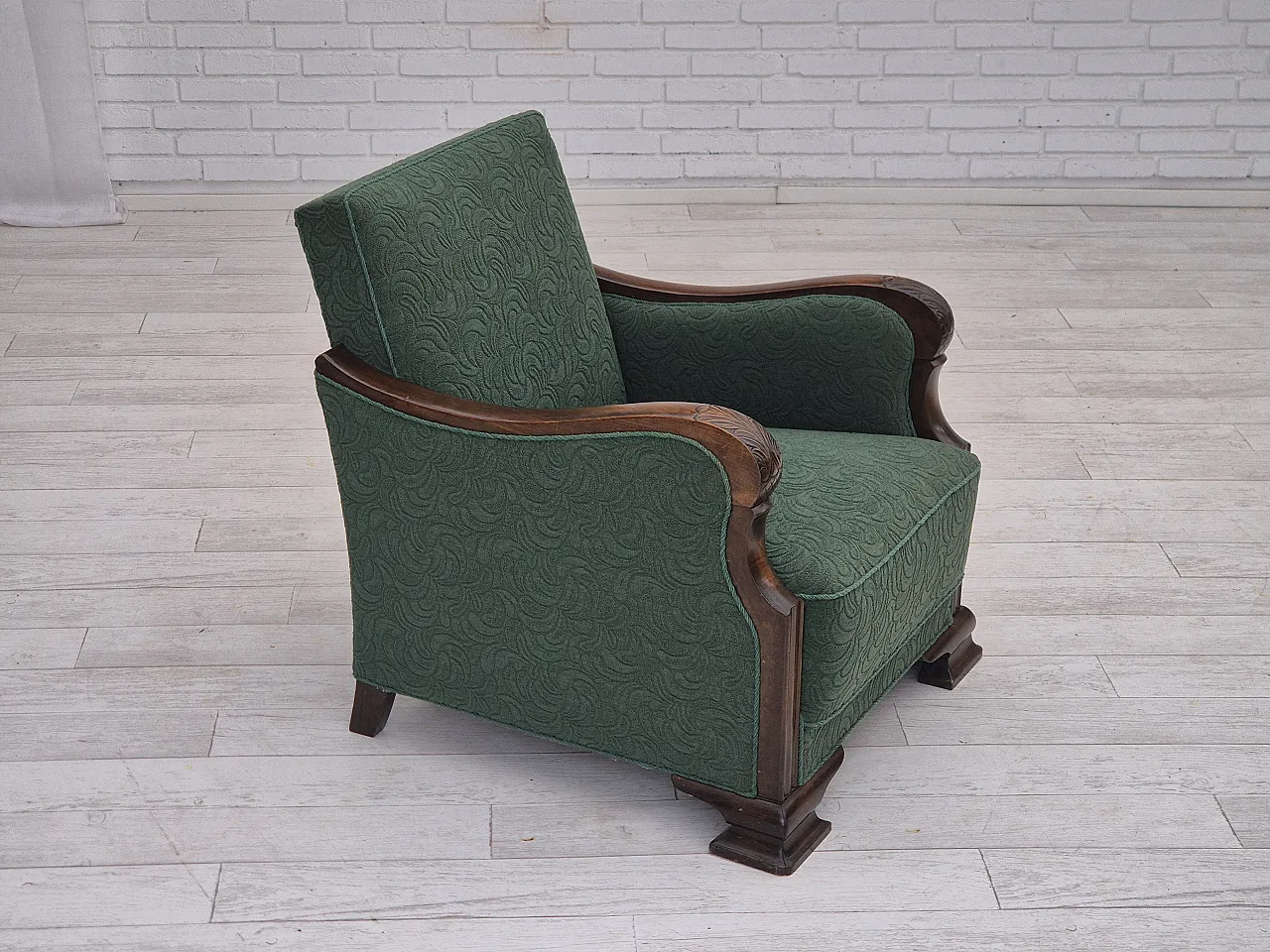 Danish relax chair, green blend wool fabric, beech, 50s 2