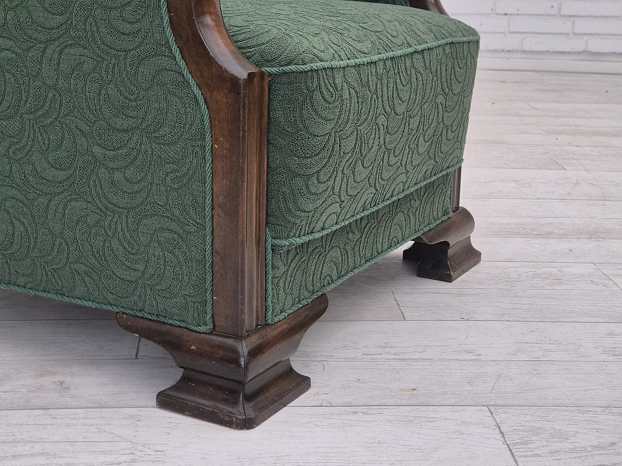 Danish relax chair, green blend wool fabric, beech, 50s 3