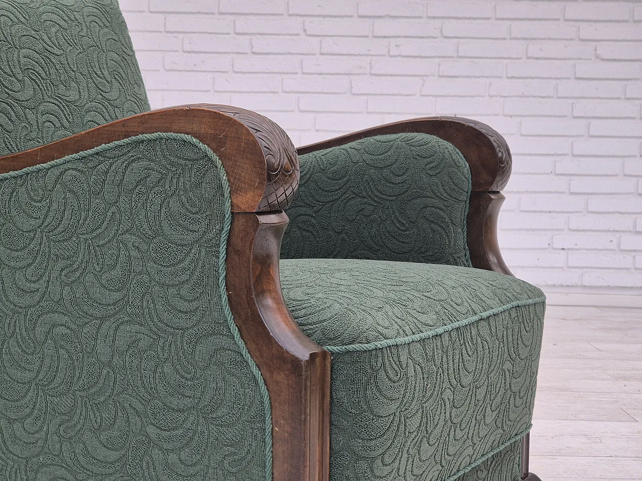 Danish relax chair, green blend wool fabric, beech, 50s 4
