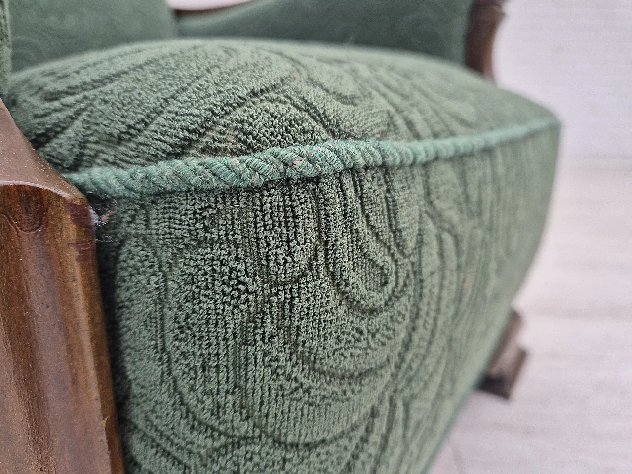 Danish relax chair, green blend wool fabric, beech, 50s 5