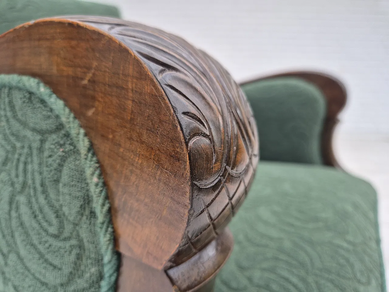 Danish relax chair, green blend wool fabric, beech, 50s 6