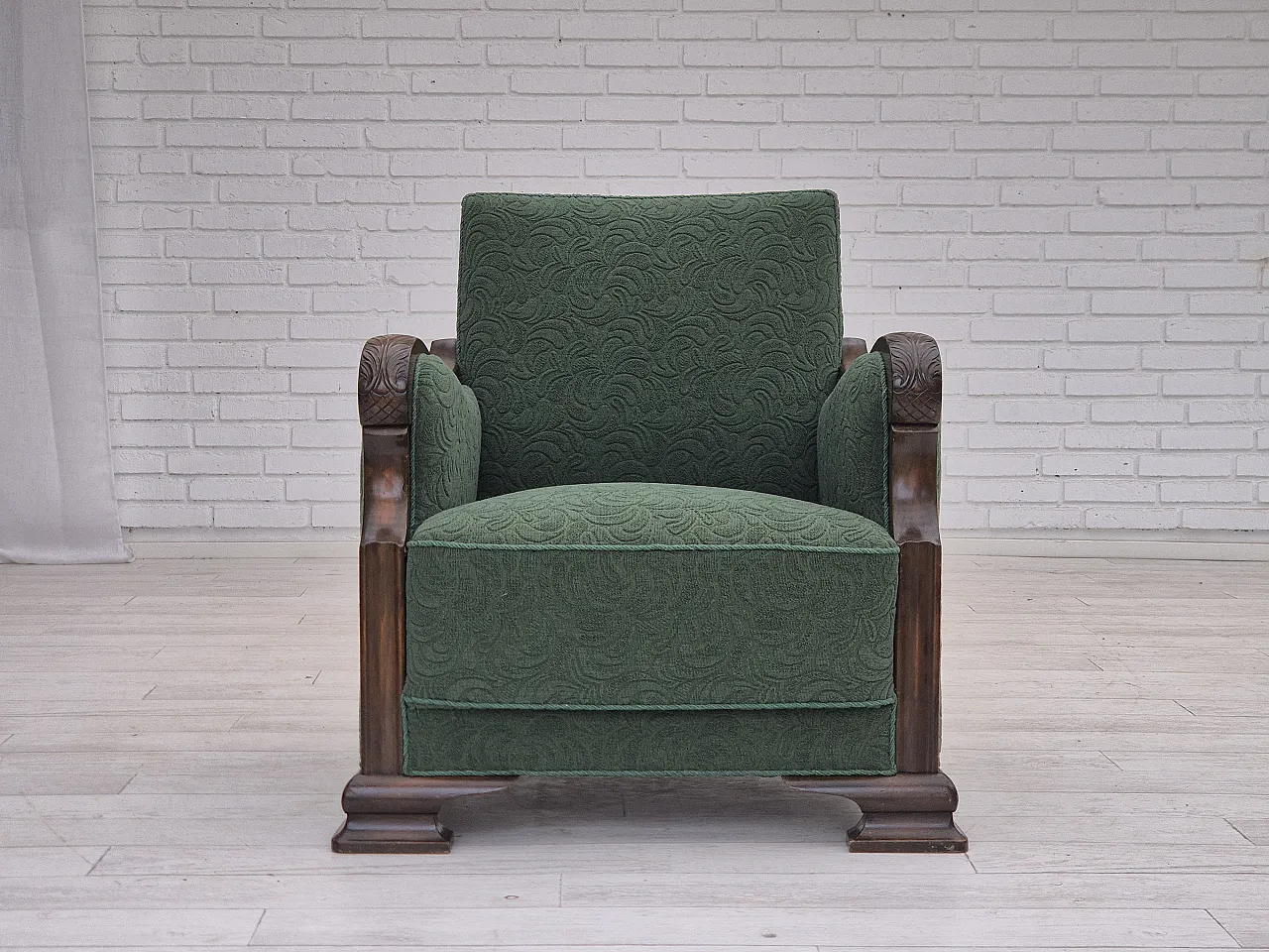 Danish relax chair, green blend wool fabric, beech, 50s 8