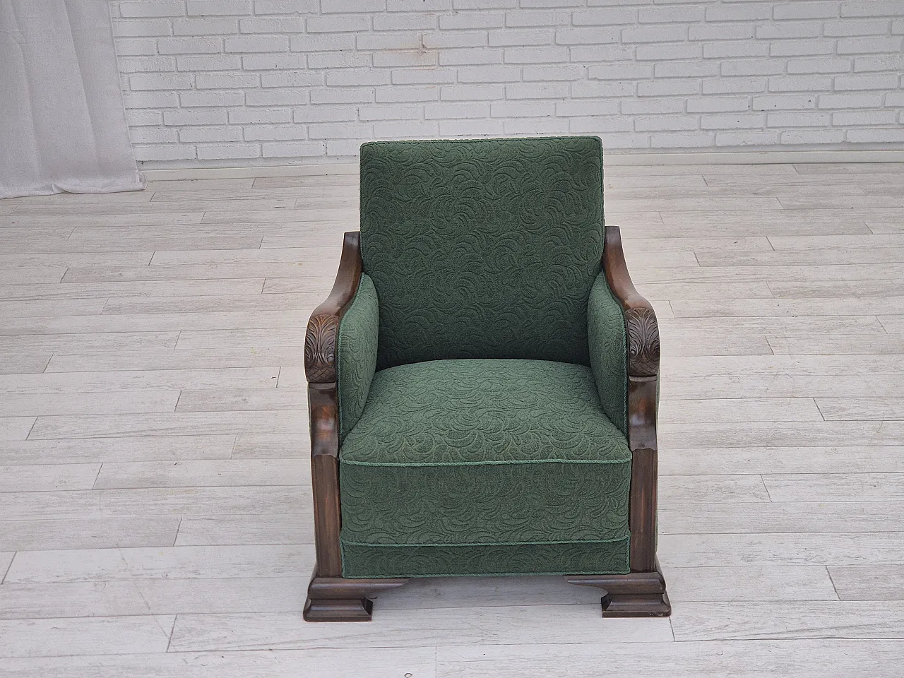 Danish relax chair, green blend wool fabric, beech, 50s 9