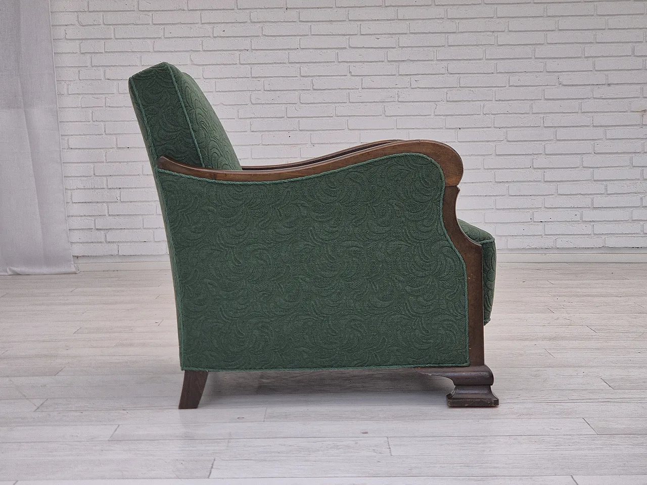 Danish relax chair, green blend wool fabric, beech, 50s 10