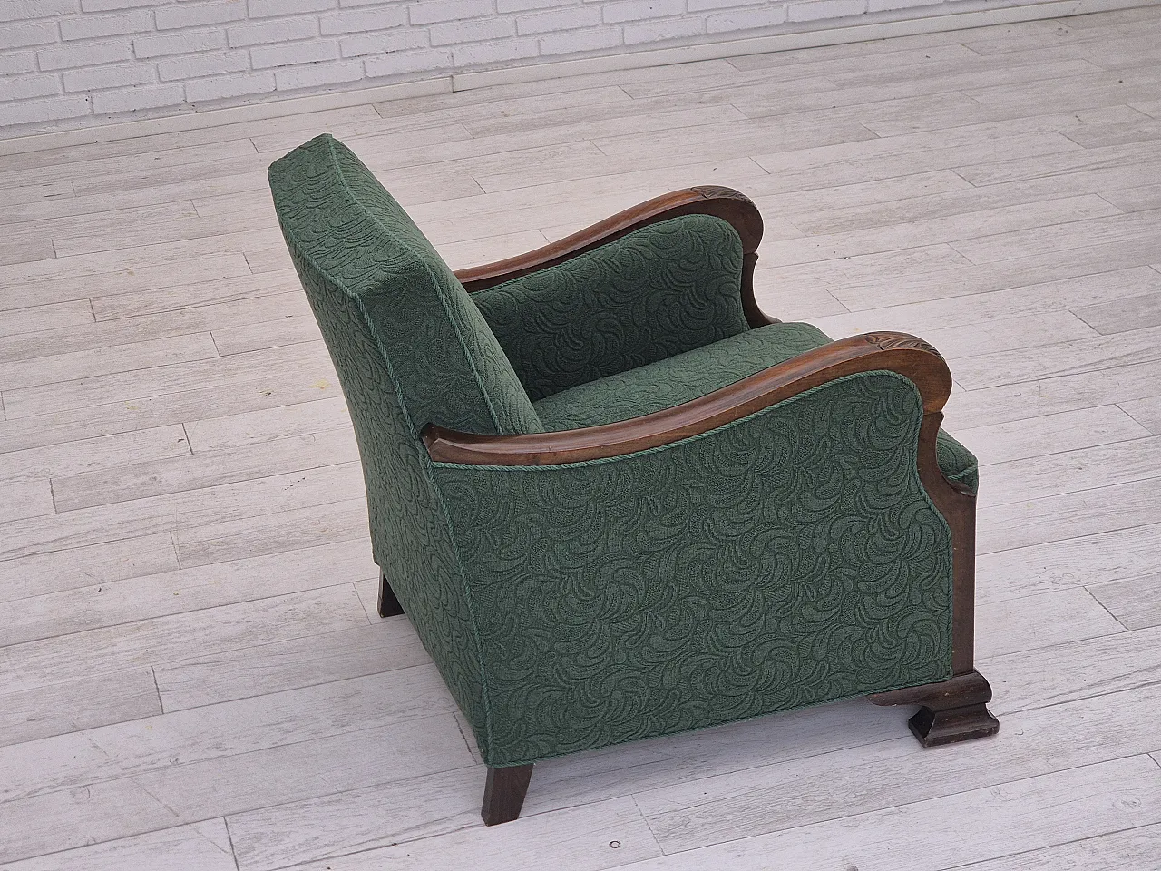 Danish relax chair, green blend wool fabric, beech, 50s 11