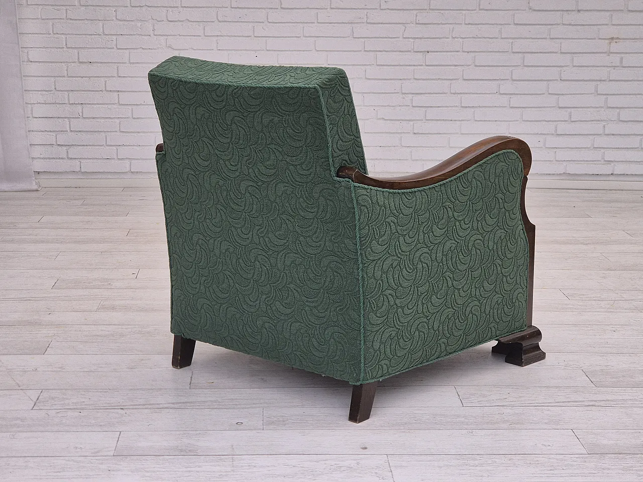 Danish relax chair, green blend wool fabric, beech, 50s 12