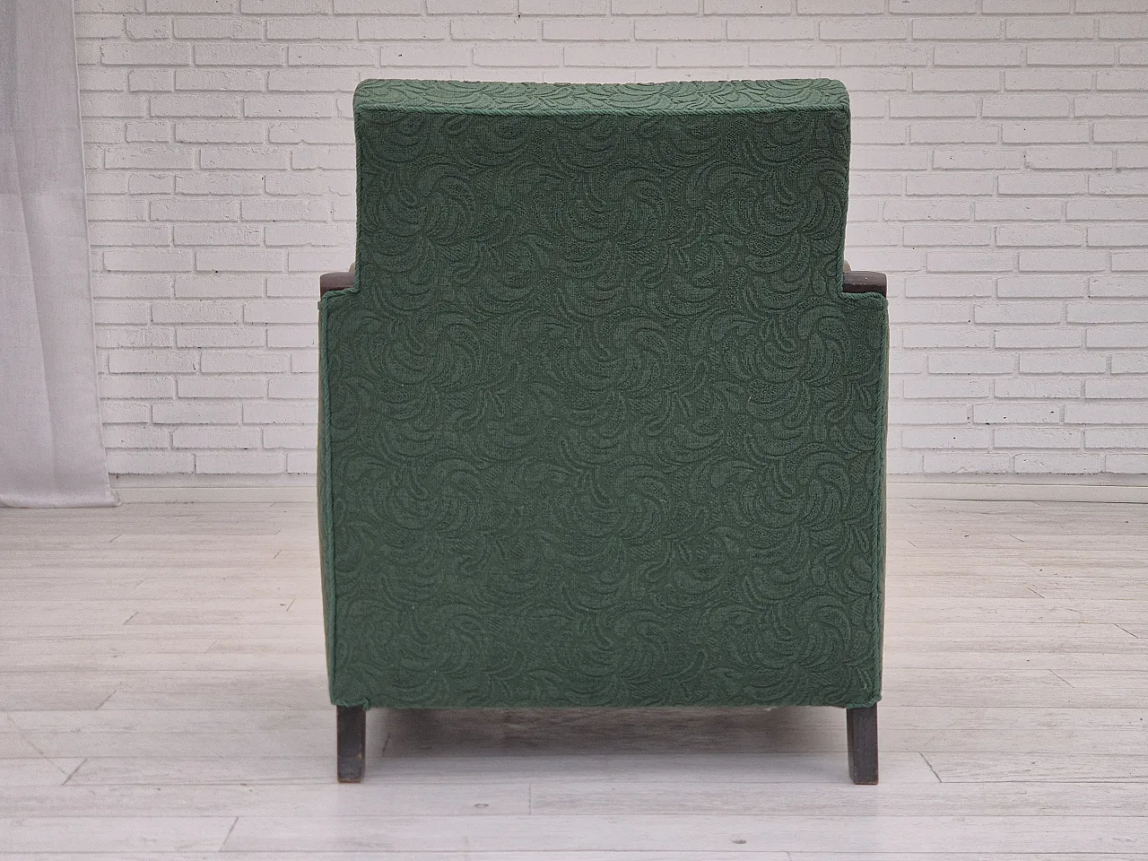 Danish relax chair, green blend wool fabric, beech, 50s 13