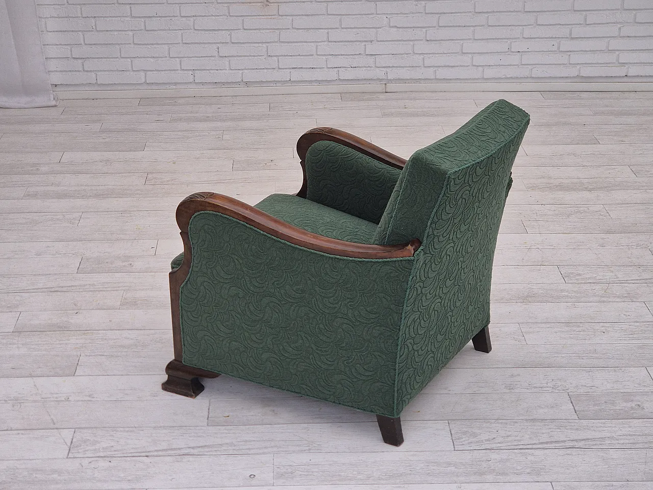 Danish relax chair, green blend wool fabric, beech, 50s 14