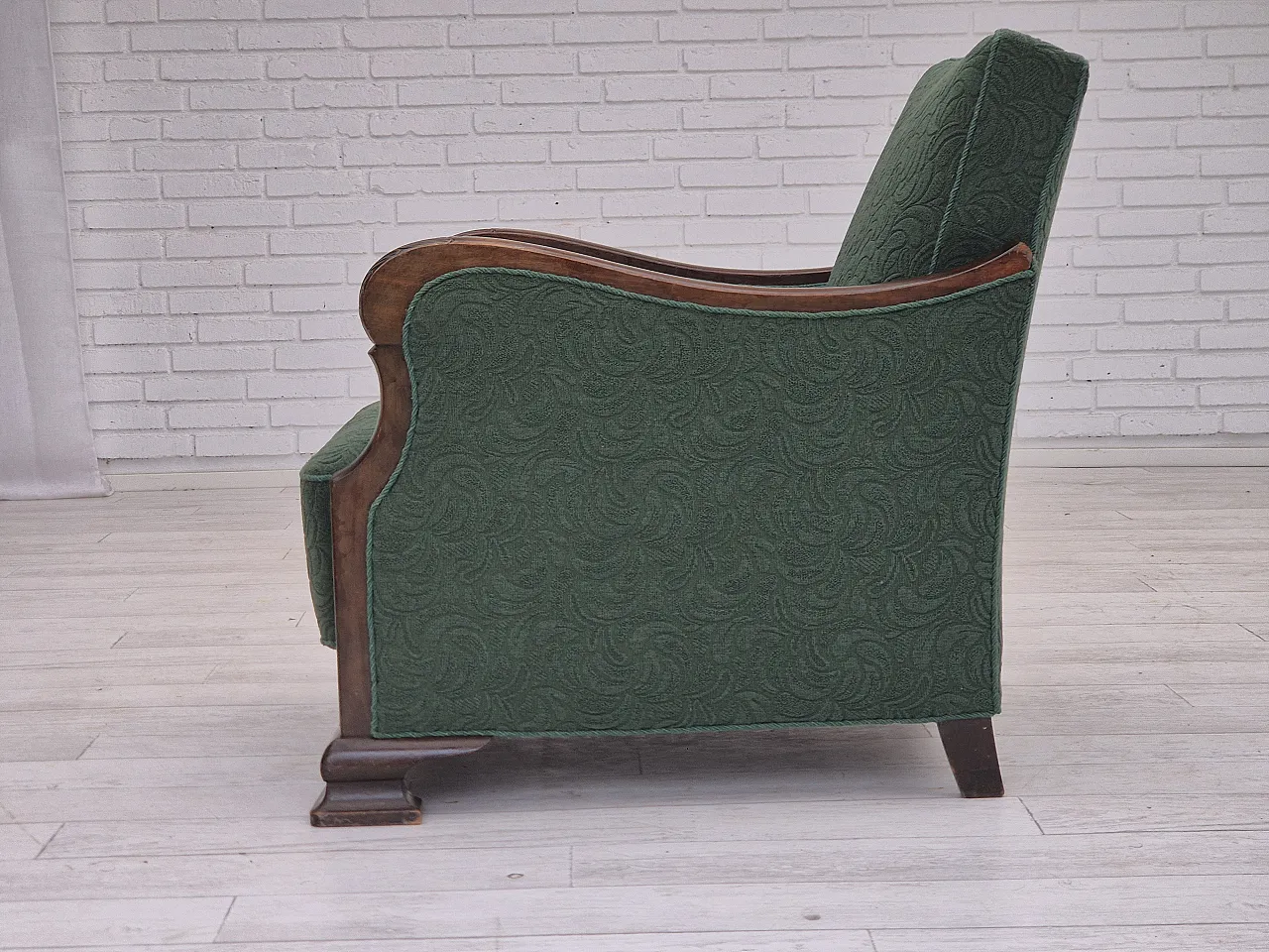Danish relax chair, green blend wool fabric, beech, 50s 15