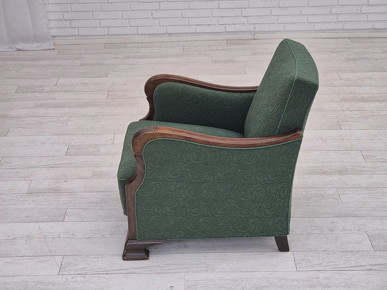 Danish relax chair, green blend wool fabric, beech, 50s 16