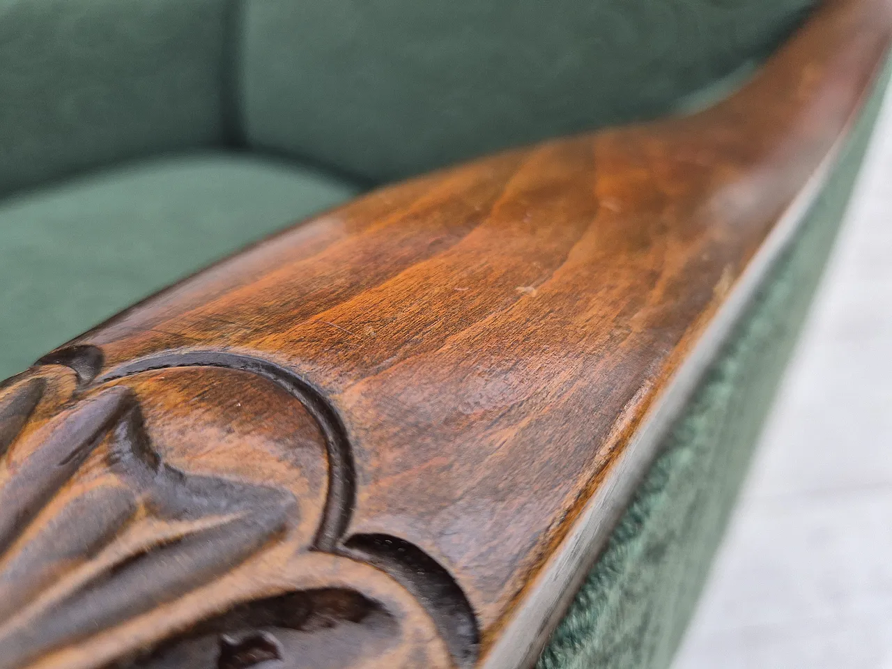 Danish relax chair, green blend wool fabric, beech, 50s 17