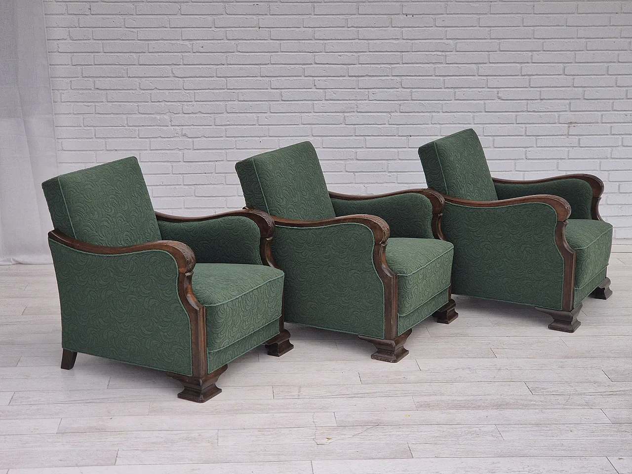 Danish relax chair, green blend wool fabric, beech, 50s 19