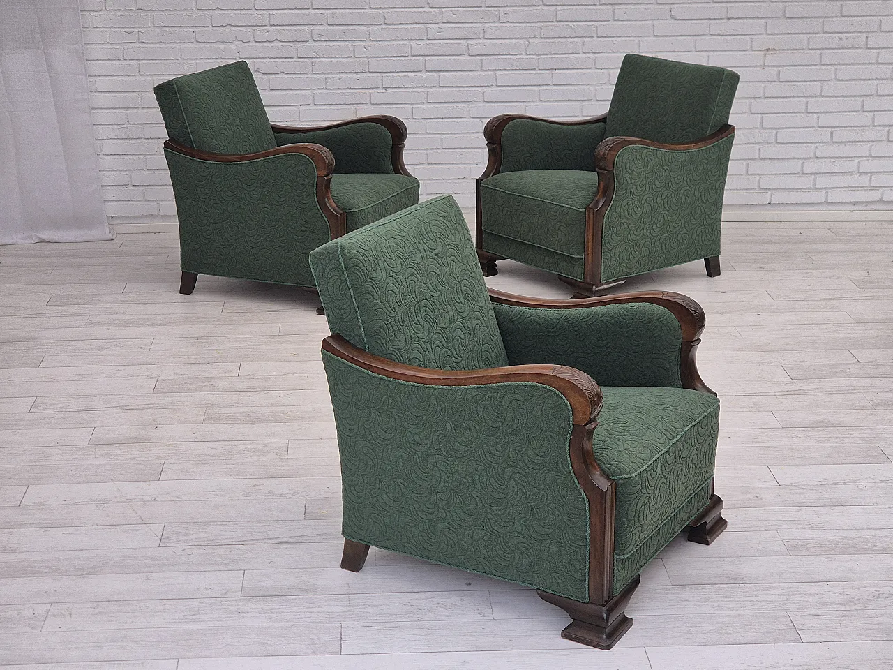 Danish relax chair, green blend wool fabric, beech, 50s 20