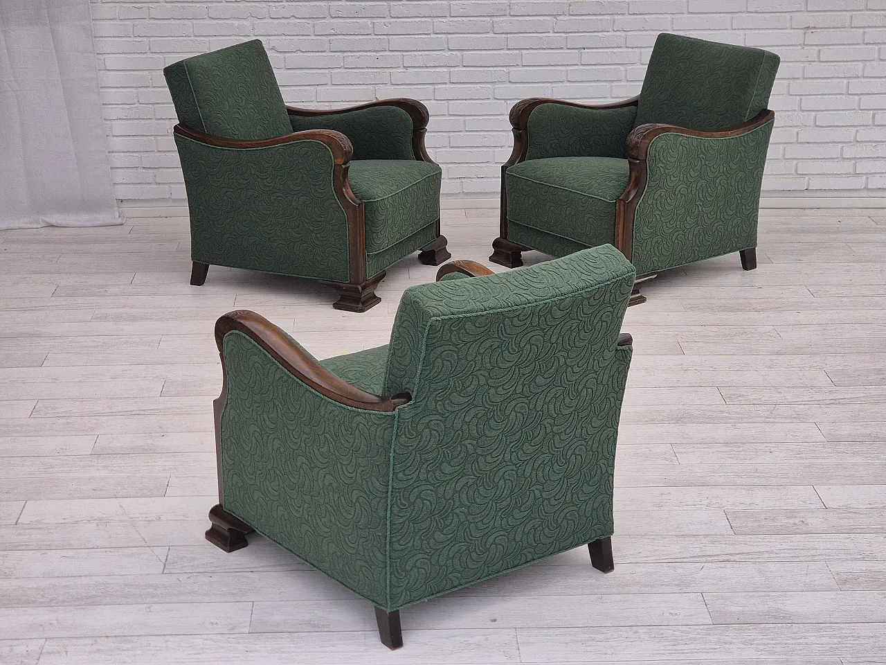 Danish relax chair, green blend wool fabric, beech, 50s 21