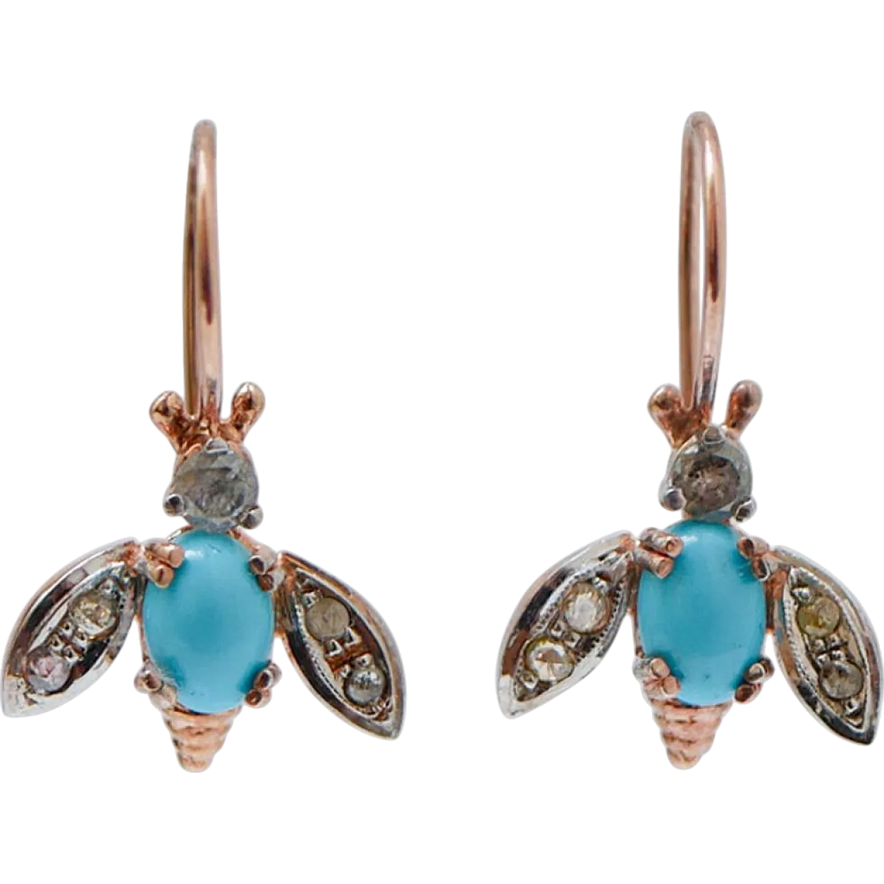 Orecchini a mosca in turchese, diamanti, oro rosa e argento, anni '70 7