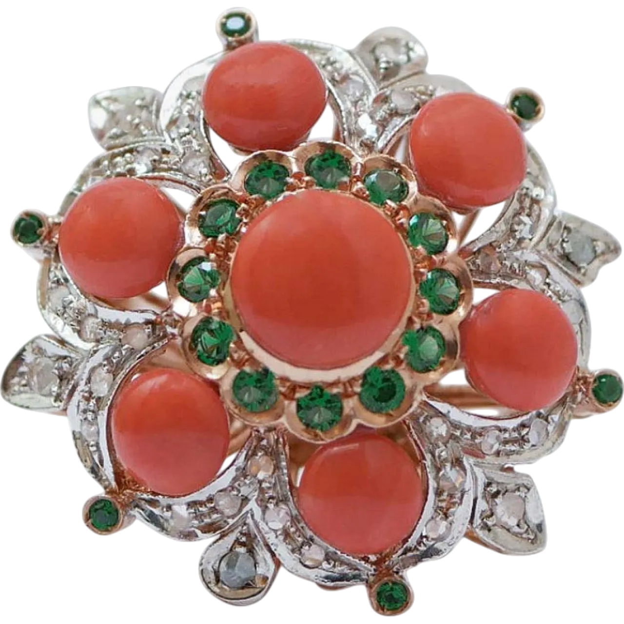 Coral, tsavorite, diamonds, rose gold and silver ring, 1950s 8