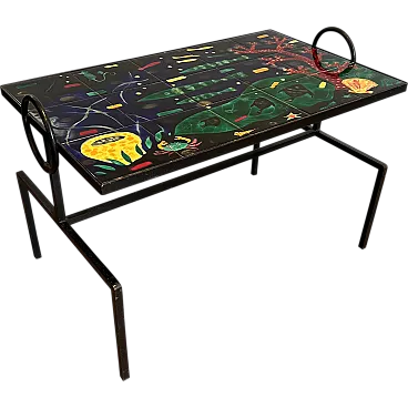 Tavolino in metallo laccato nero con piano in ceramica, anni '50