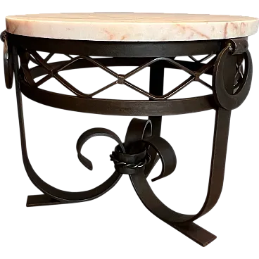 Gueridon Art Deco in ferro battuto e piano in marmo, anni '40