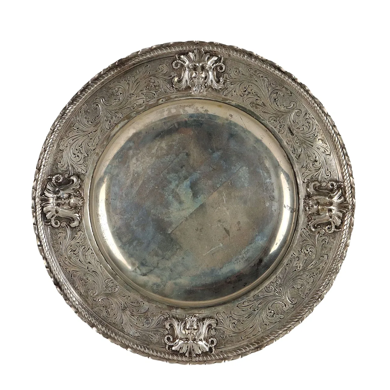 Silver tray with embossed and chiseled masks decoration 1