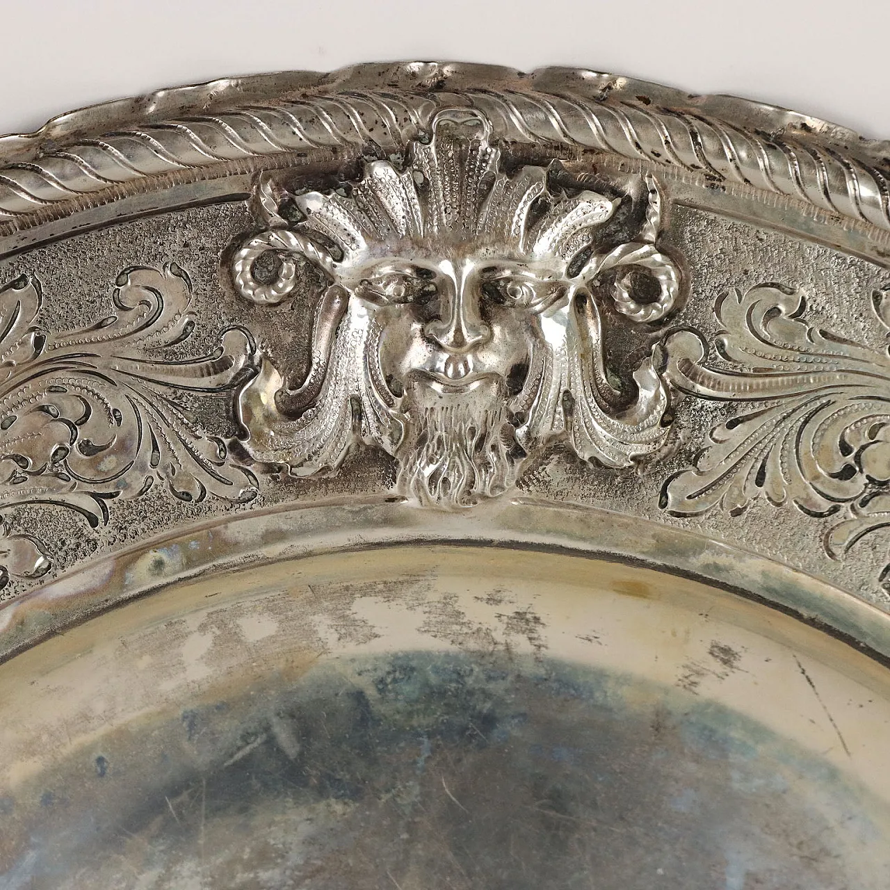 Silver tray with embossed and chiseled masks decoration 3