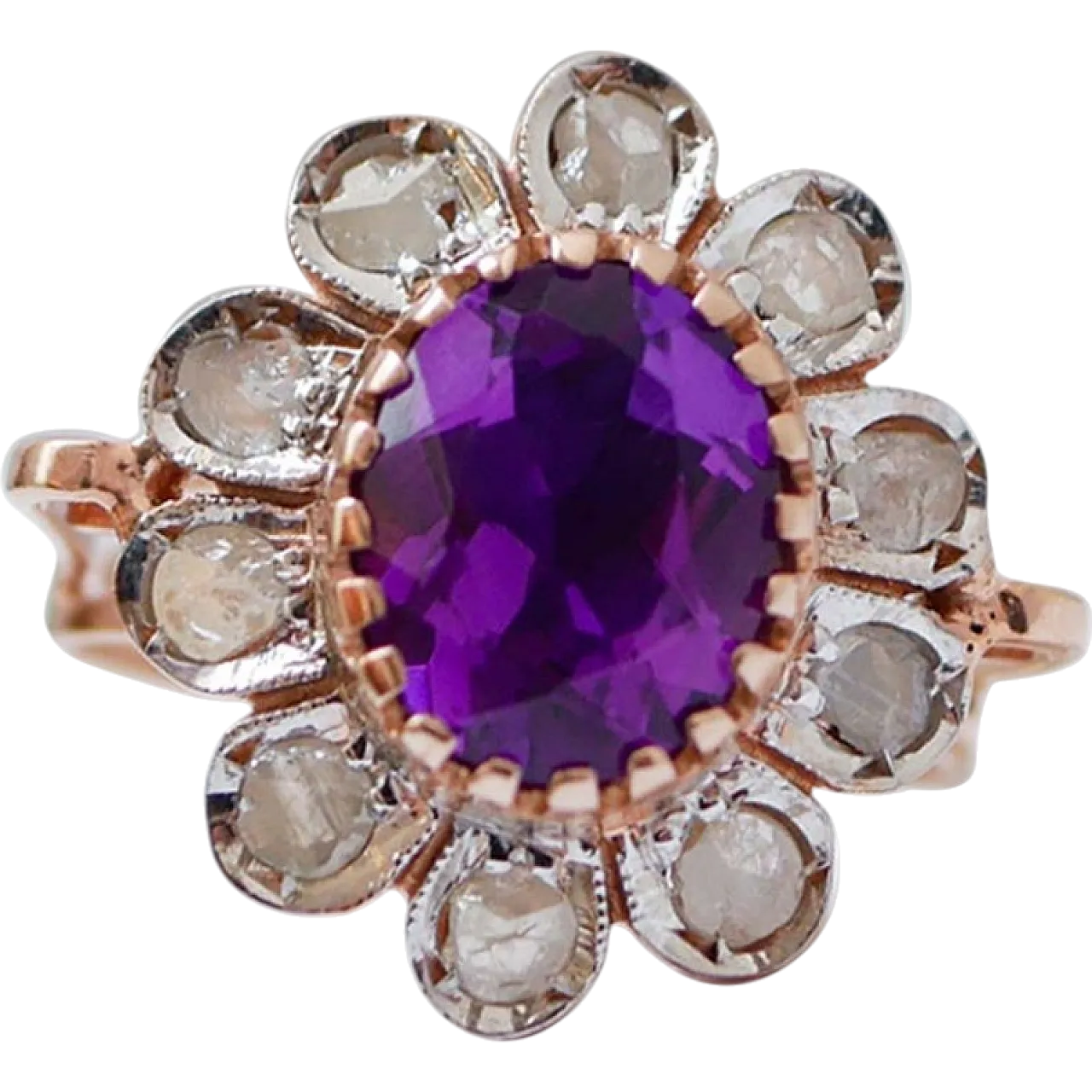 Anello floreale in ametista, diamanti, oro rosa e argento, anni '70 7
