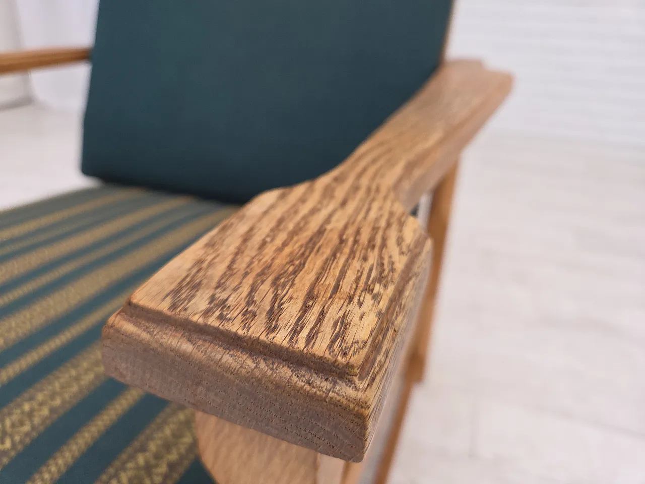 Scandinavian lounge chair, green wool, solid oak wood, 70s 5