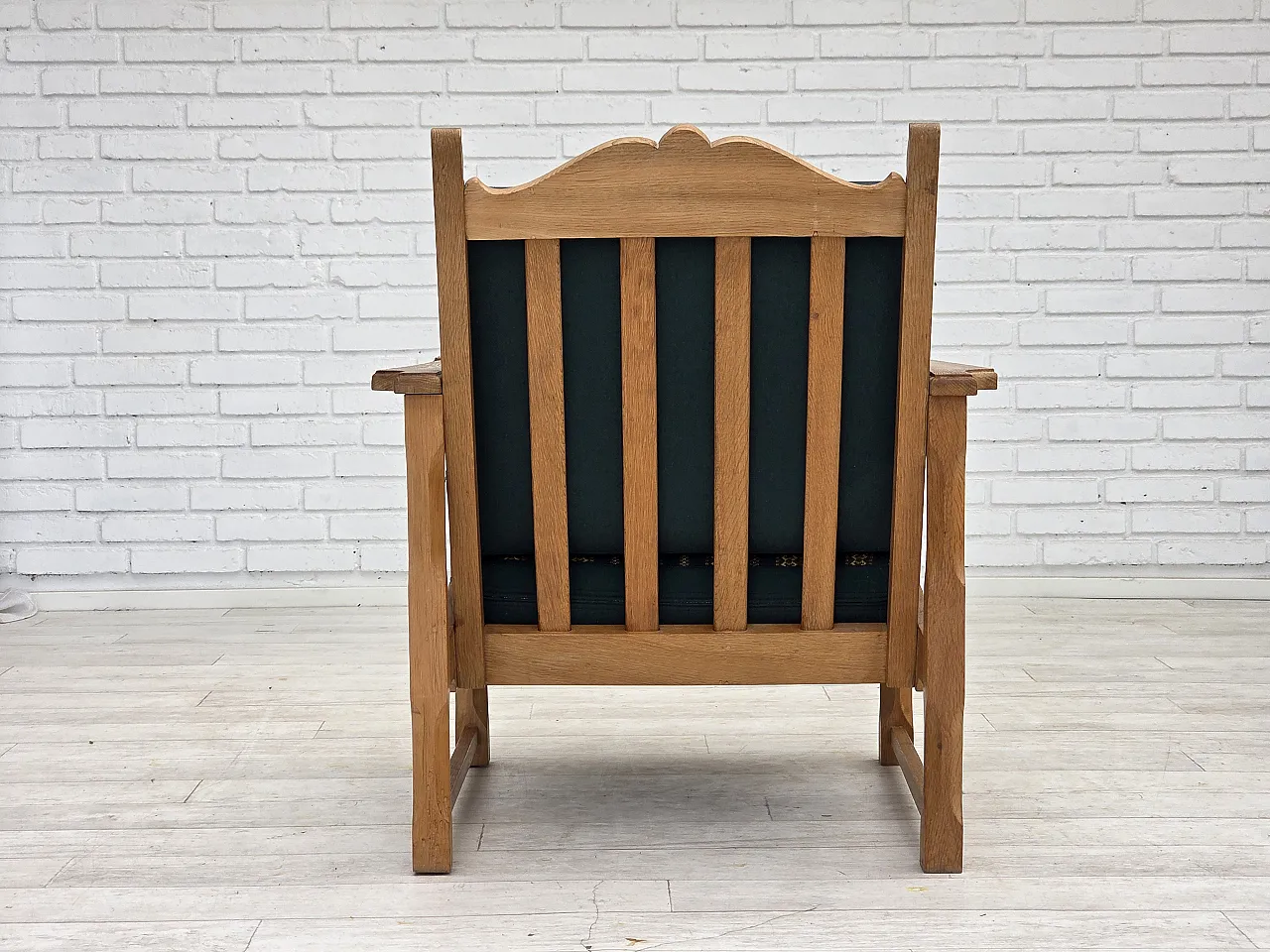 Scandinavian lounge chair, green wool, solid oak wood, 70s 11