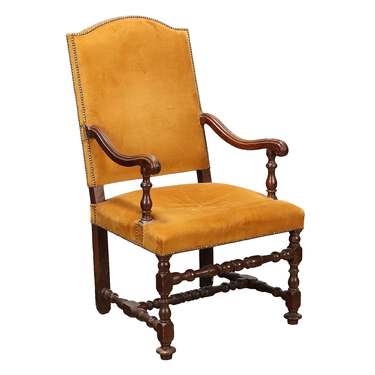 Walnut spool armchair with wavy arms & ochre fabric, 18th century 1