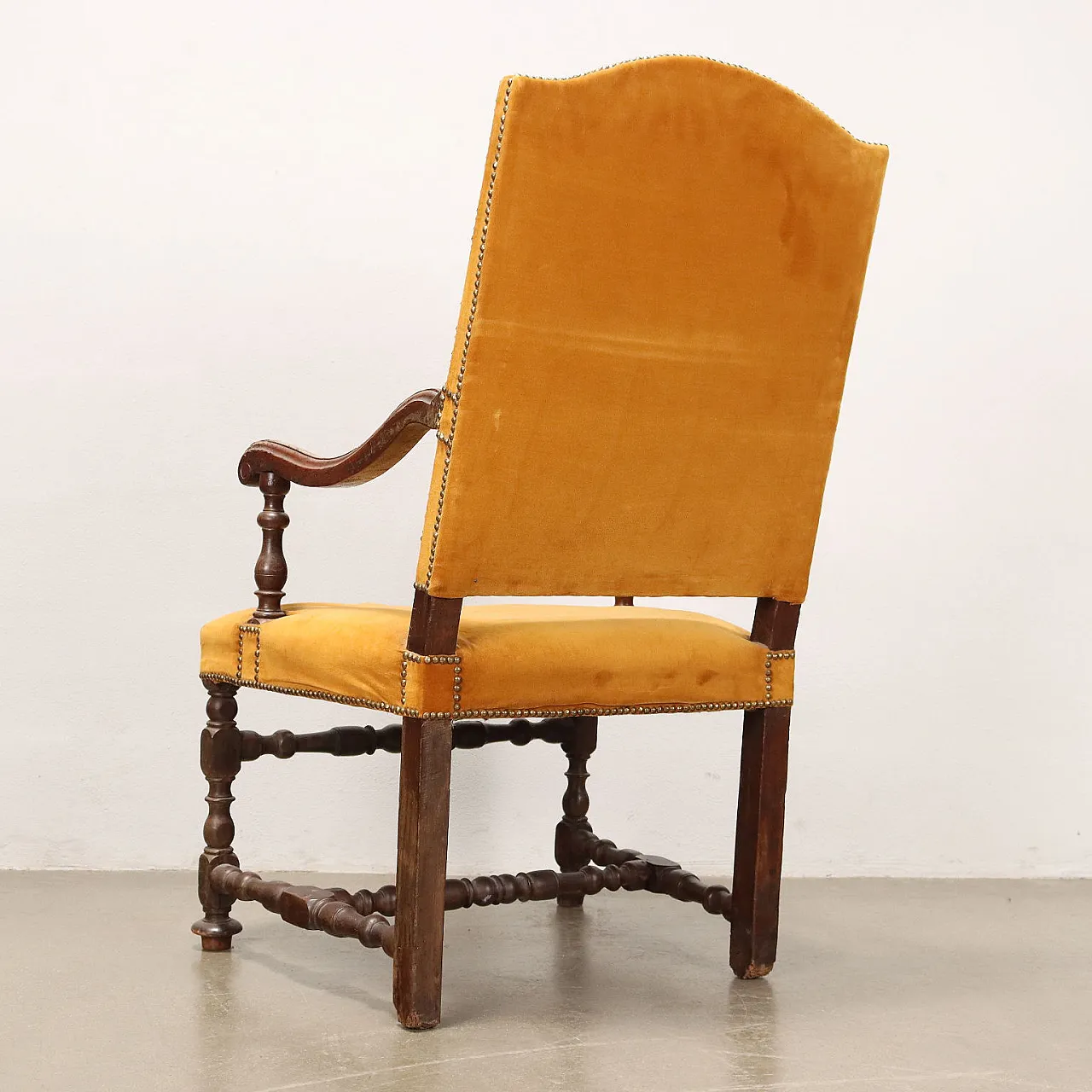 Walnut spool armchair with wavy arms & ochre fabric, 18th century 9
