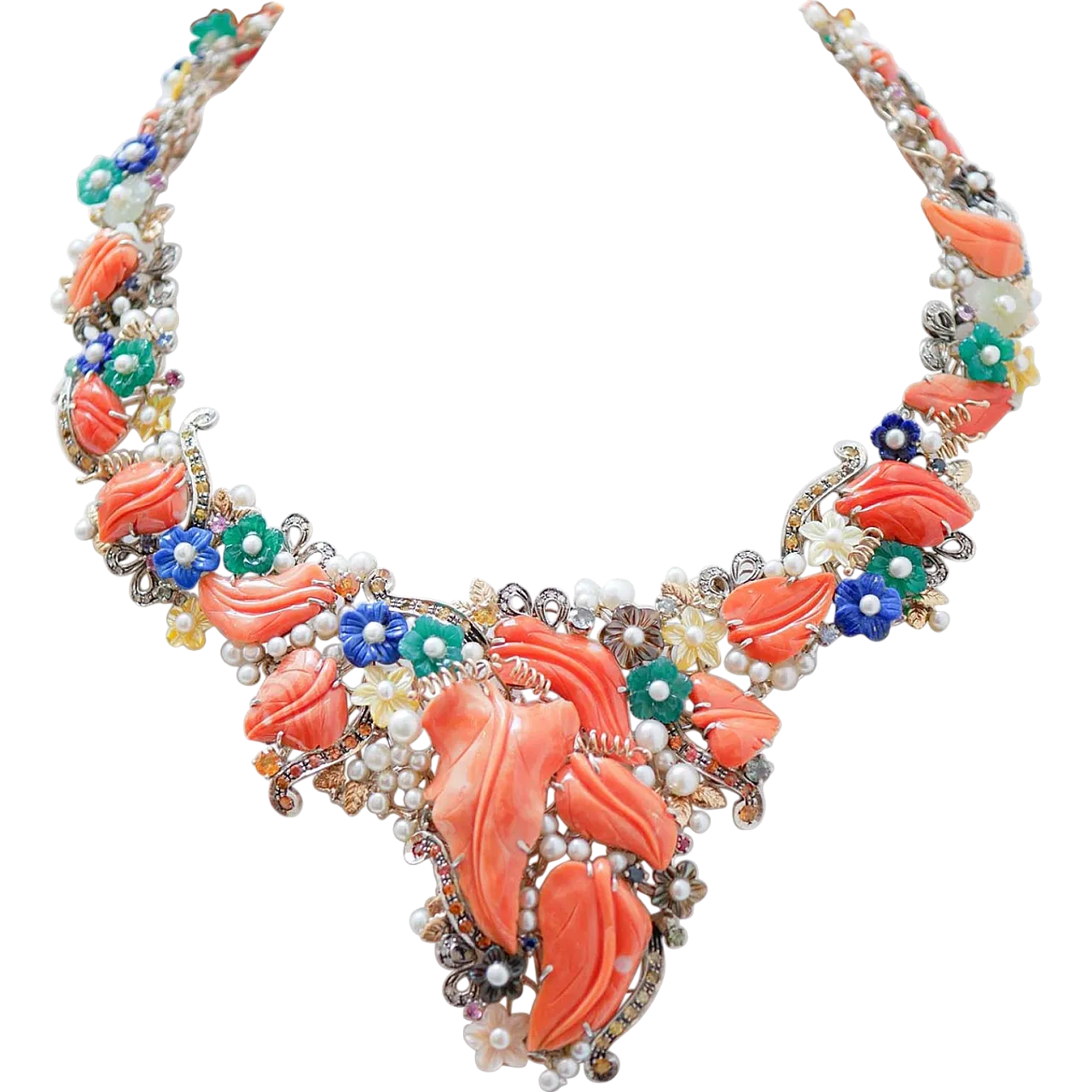Necklace coral, stones, agate, pearls, diamonds, sapphires, 1950s 8