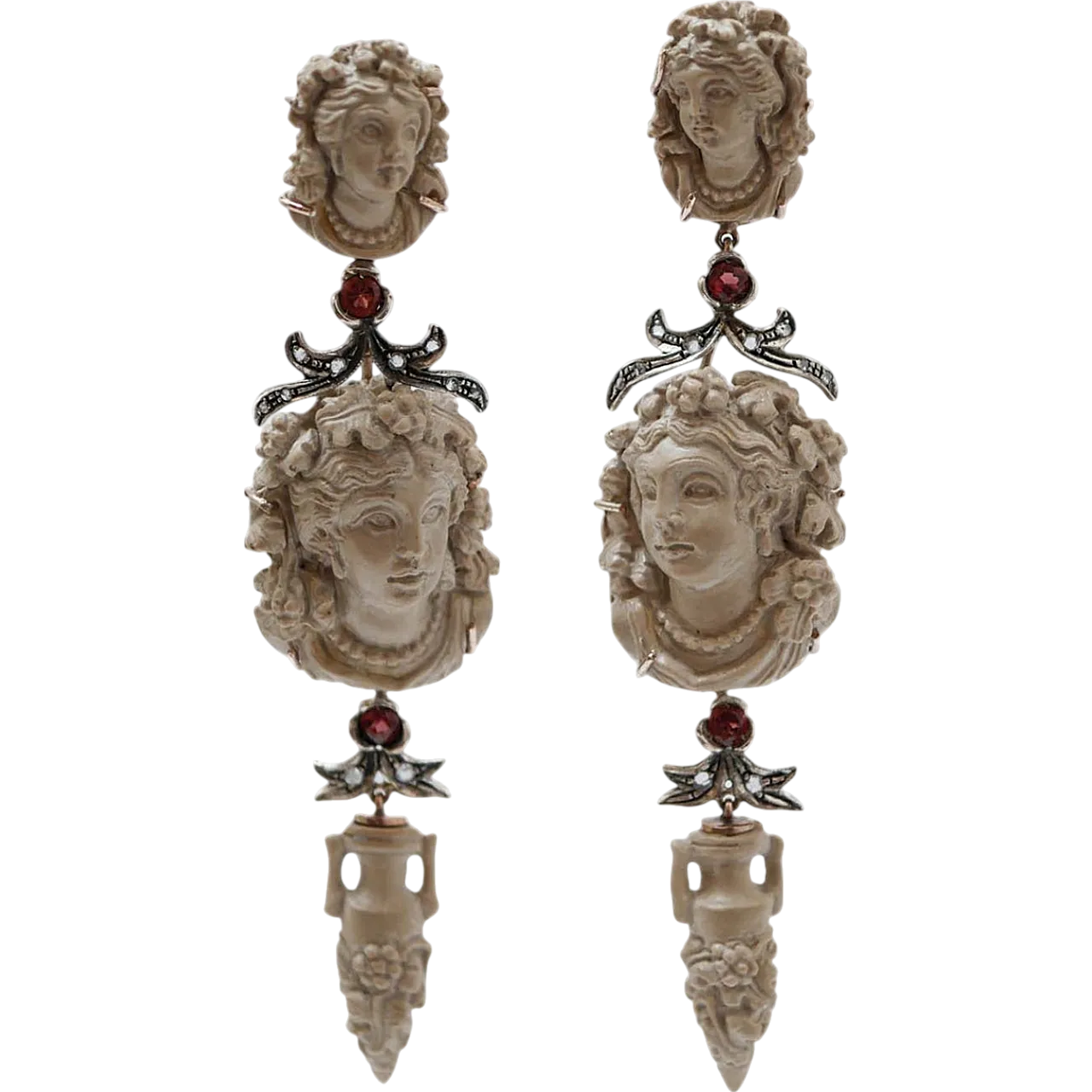 Orecchini in pietra lavica, granati, diamanti, oro e argento, anni '50 8