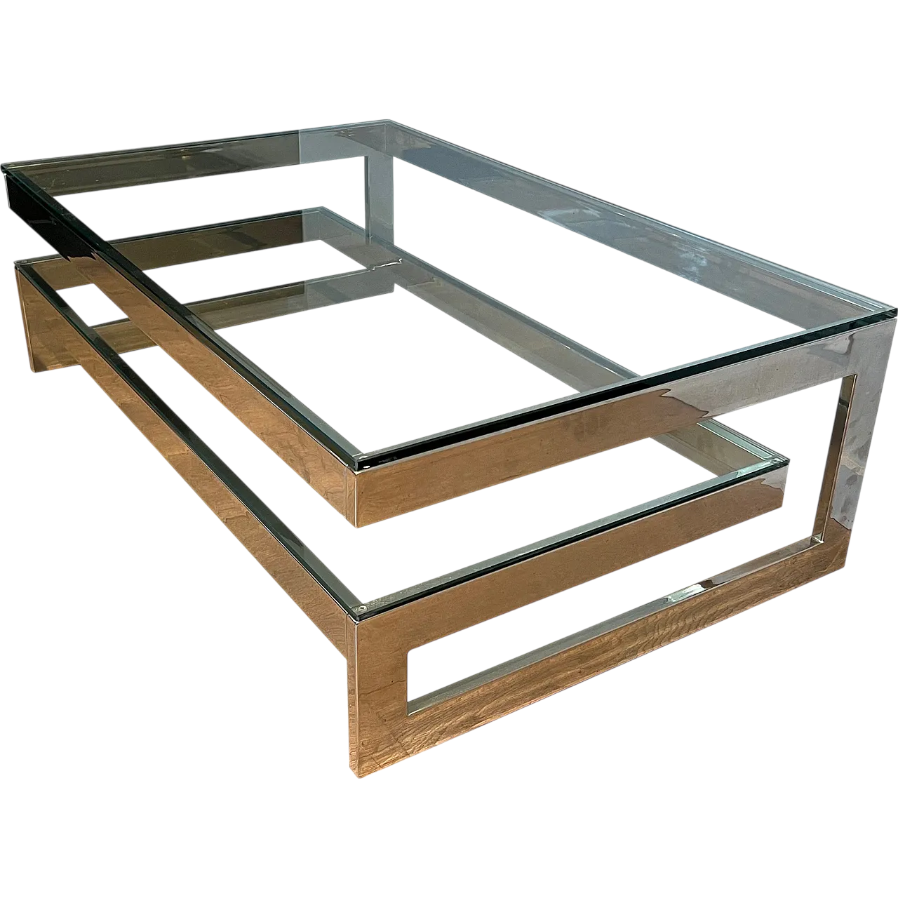 Tavolino cromato con 2 ripiani in vetro, anni '70 21